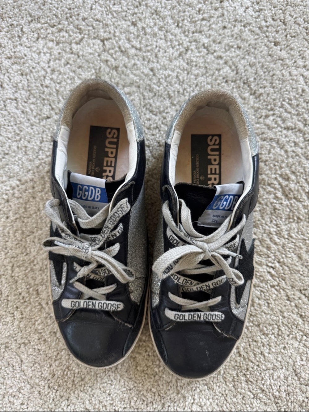 GOLDEN GOOSE Silver Glitter Black Superstar Sneakers 36 - Picture 2 of 6